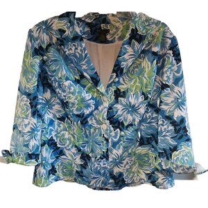 Grace Elements Woman Floral Blazer 22W Blue & Green Cotton Blend Office Y2K